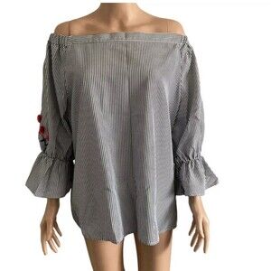 Roommate Plus Size Spring Blouse Womens 3X Striped Embroidered Off Shoulder Top